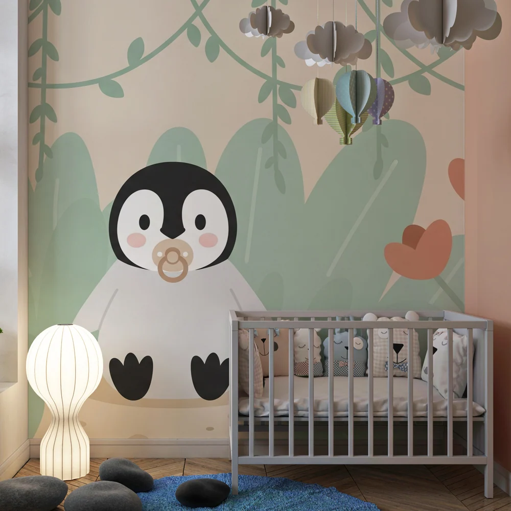 Papier peint chambre bébé | Petit pingouin dans un jardin fleuri