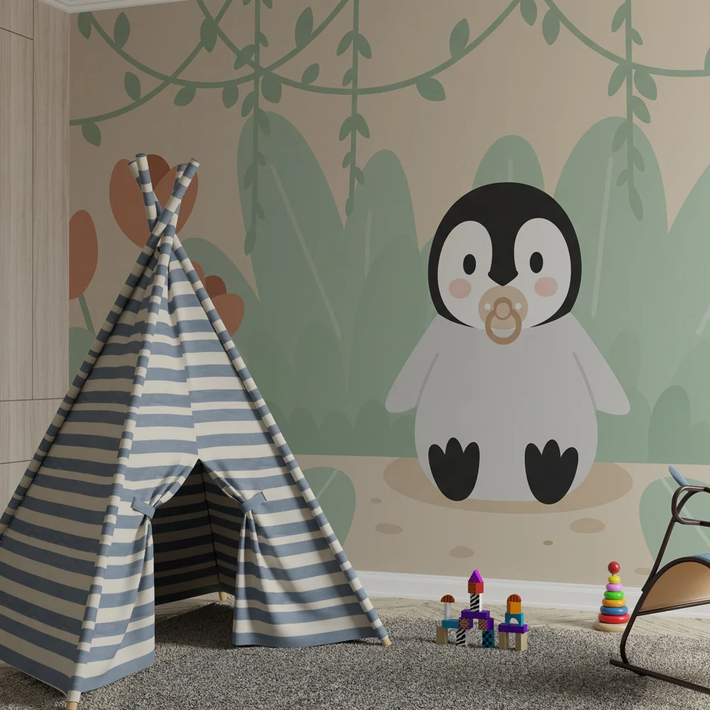 Papier peint chambre bébé | Petit pingouin dans un jardin fleuri