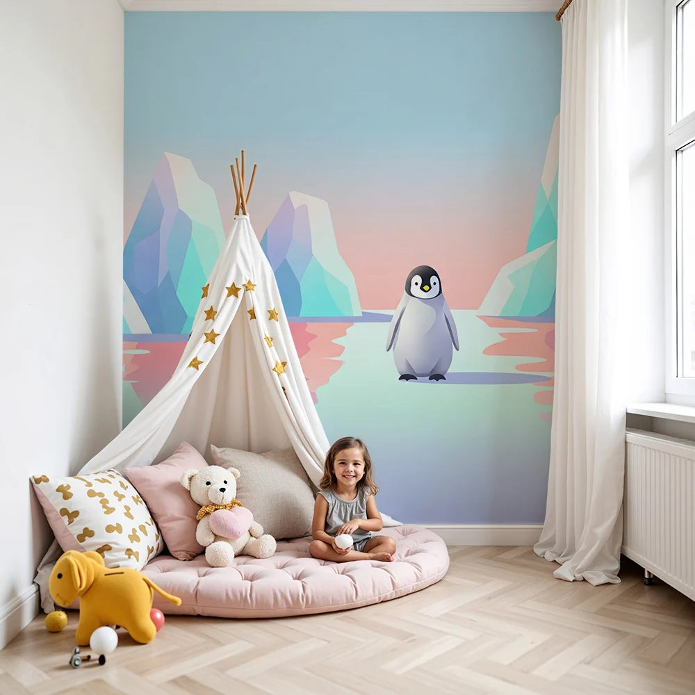 Papier peint chambre bébé | Petit pingouin sur un fond glacé pastel