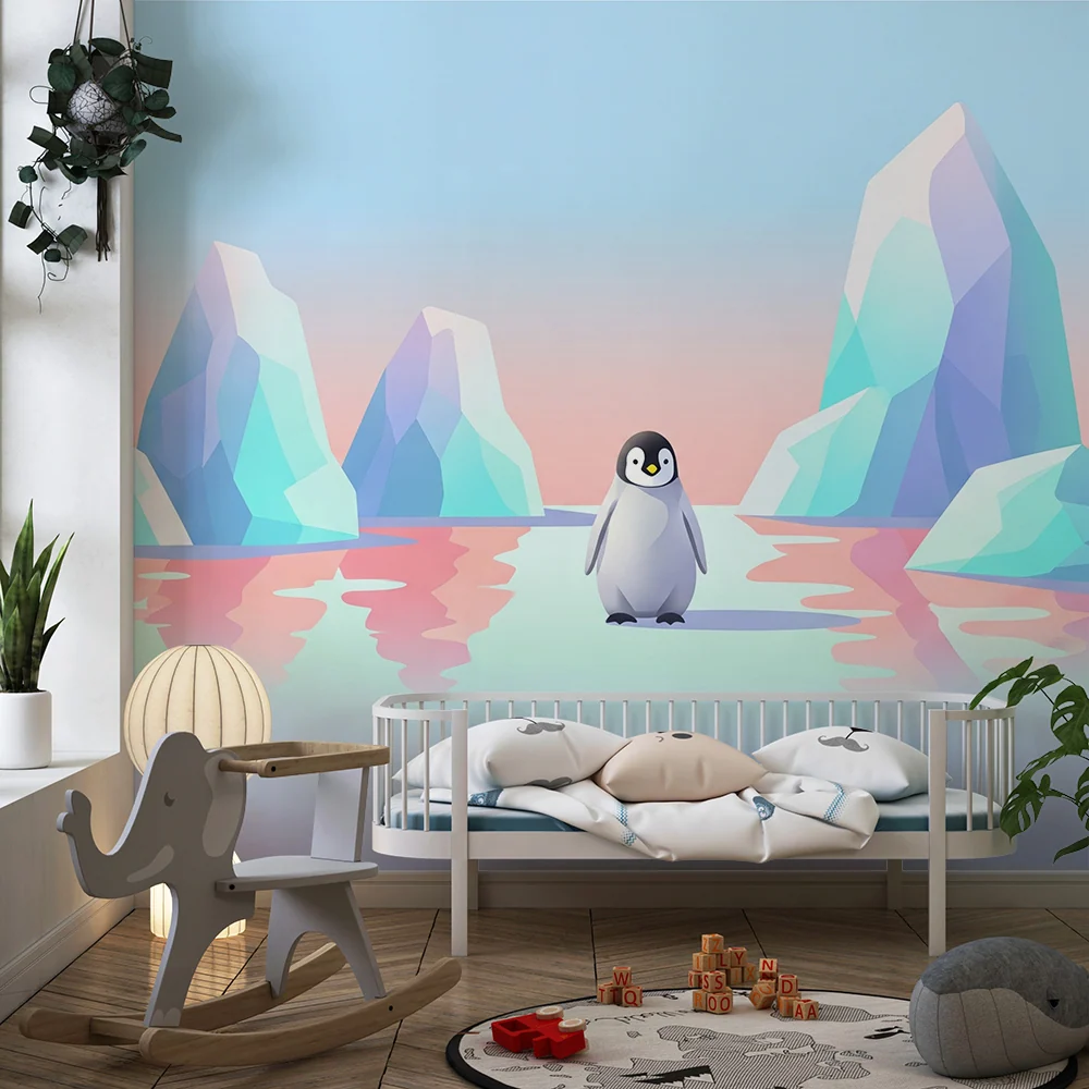 Papier peint chambre bébé | Petit pingouin sur un fond glacé pastel
