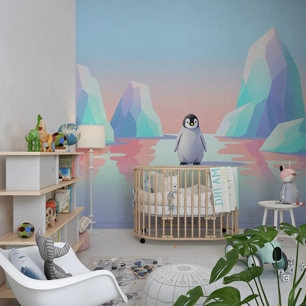 Papier peint chambre bébé | Petit pingouin sur un fond glacé pastel
