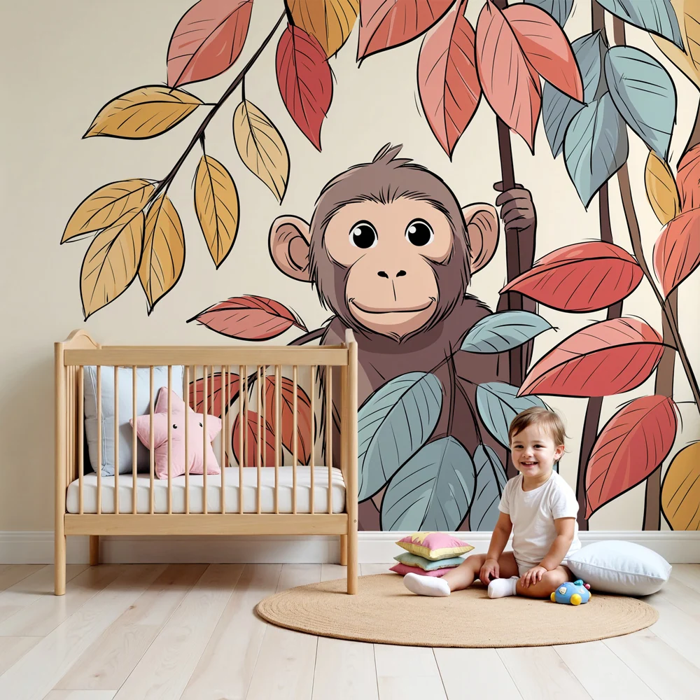 Papier peint chambre bébé | Petit singe curieux parmi les feuilles
