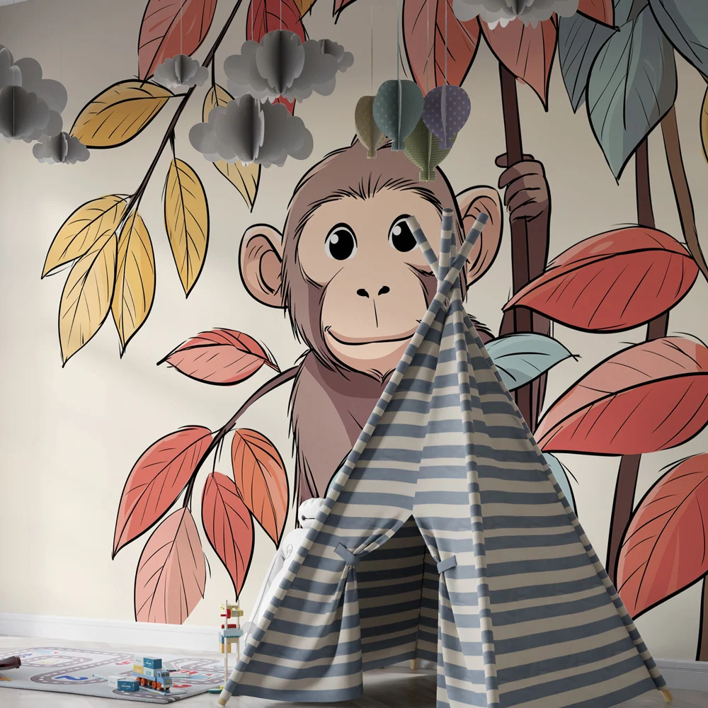 Papier peint chambre bébé | Petit singe curieux parmi les feuilles