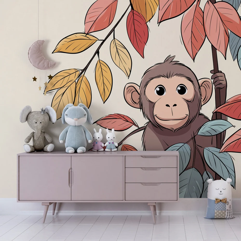 Papier peint chambre bébé | Petit singe curieux parmi les feuilles