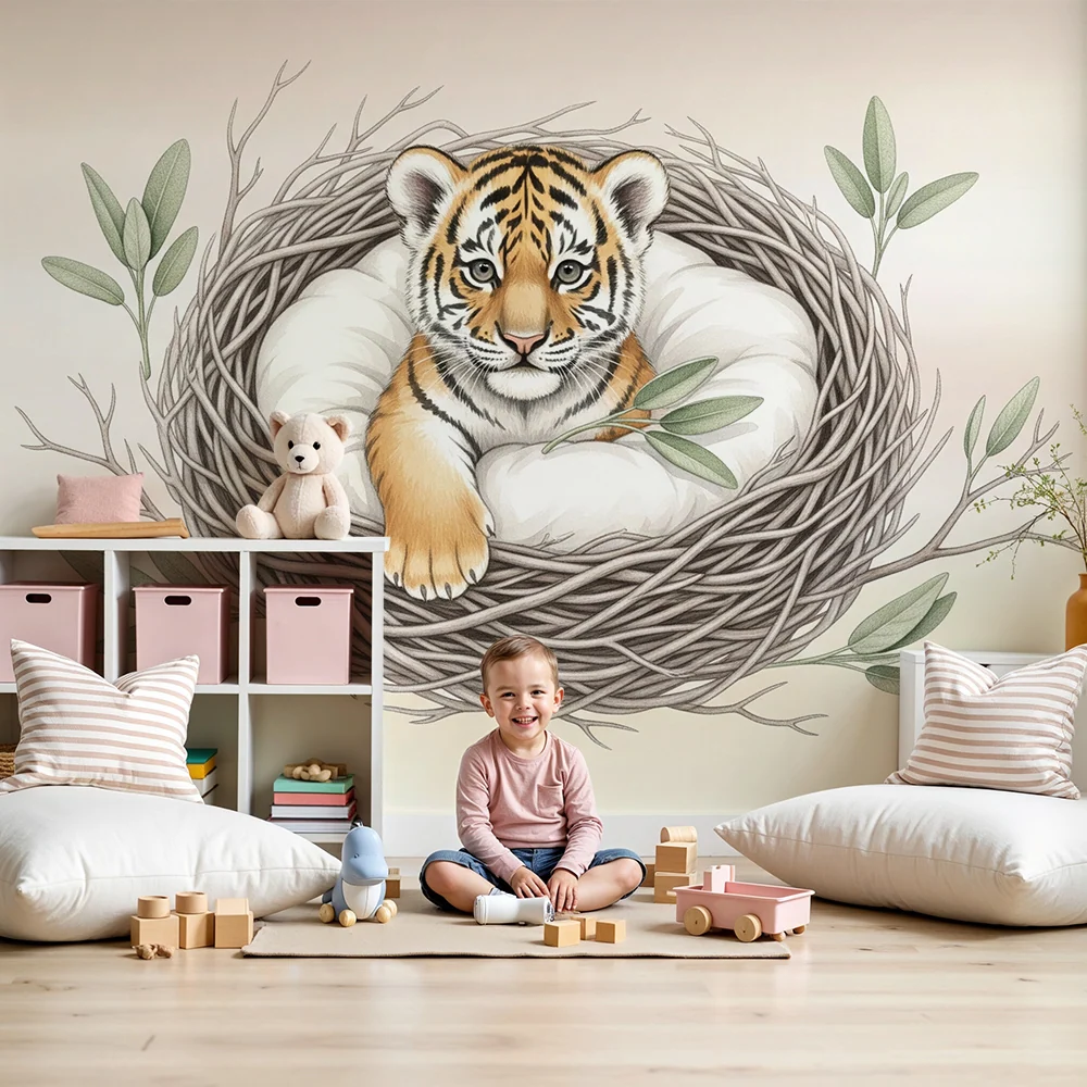 Papier peint chambre bébé | Petit tigre dans son nid douillet