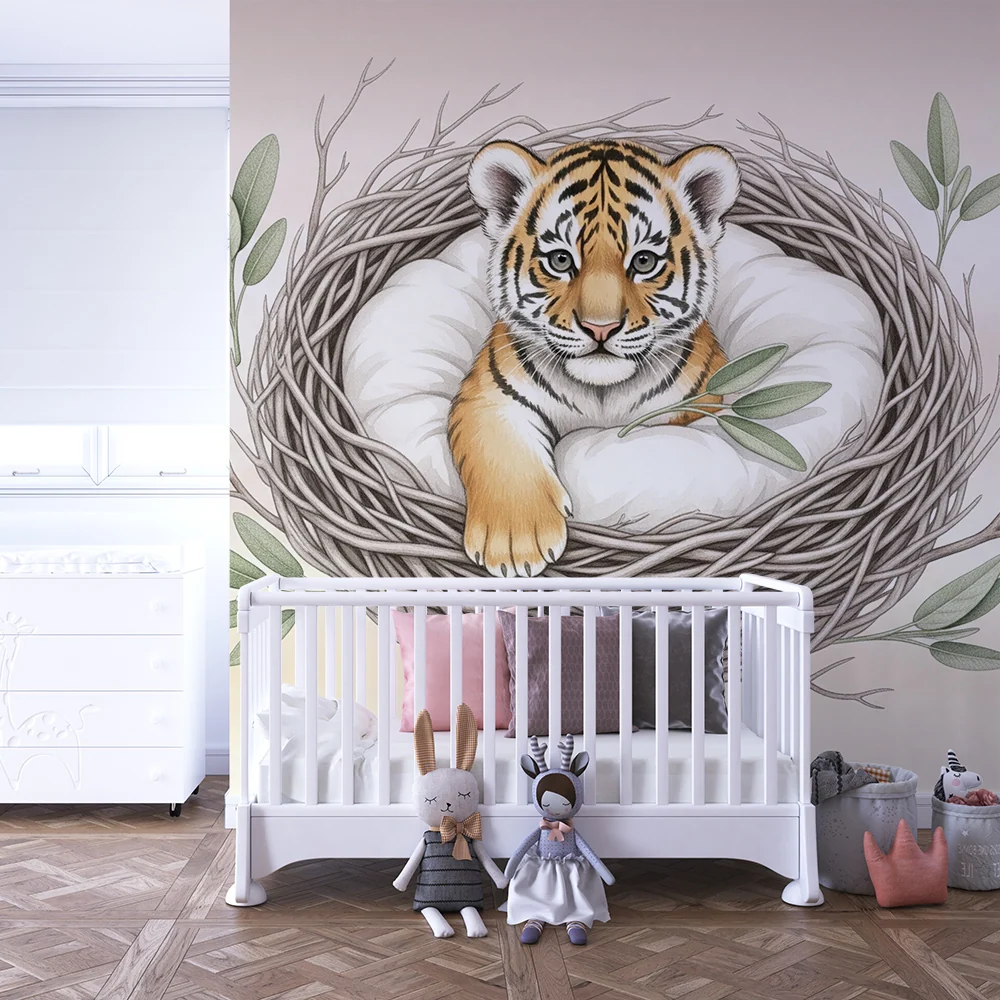 Papier peint chambre bébé | Petit tigre dans son nid douillet