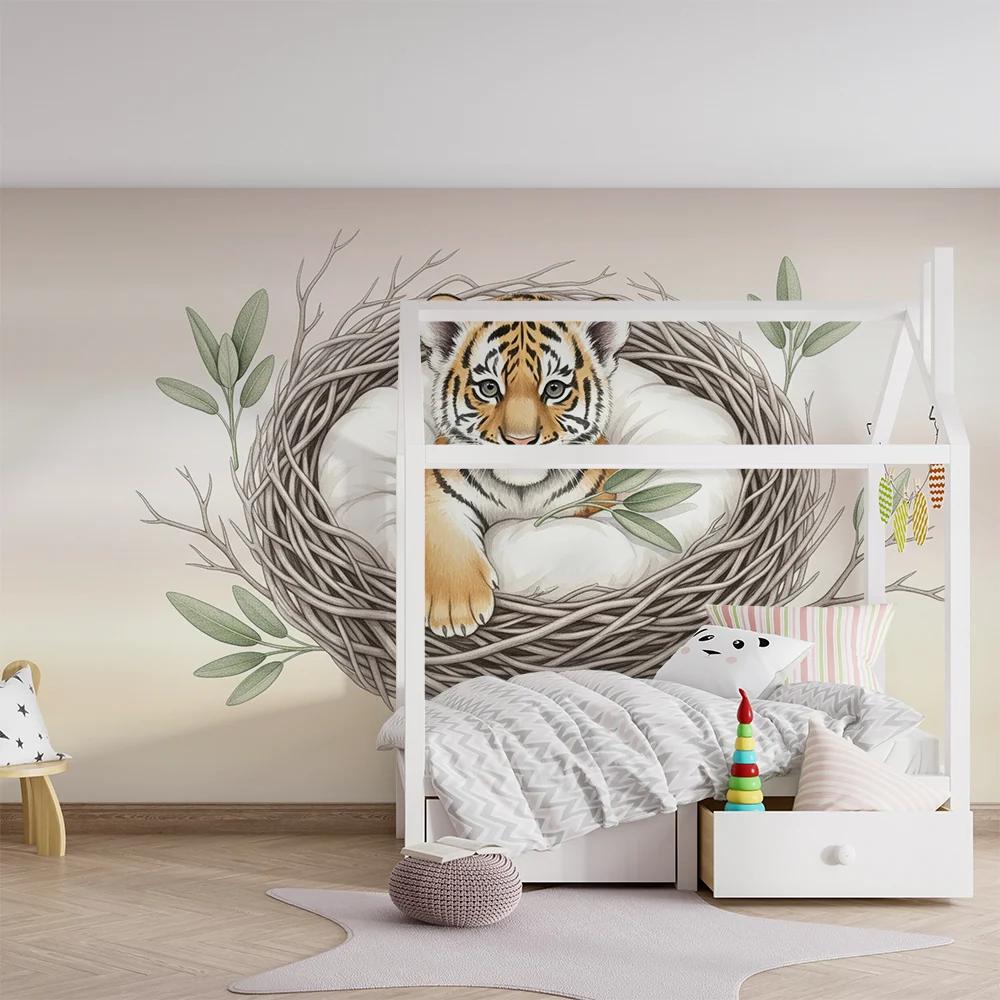 Papier peint chambre bébé | Petit tigre dans son nid douillet