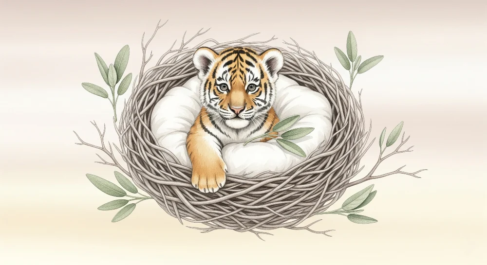 Papier peint chambre bébé | Petit tigre dans son nid douillet