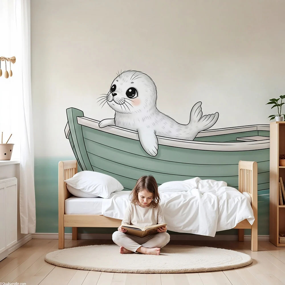 Papier peint chambre bébé | Phoque mignon dans un bateau