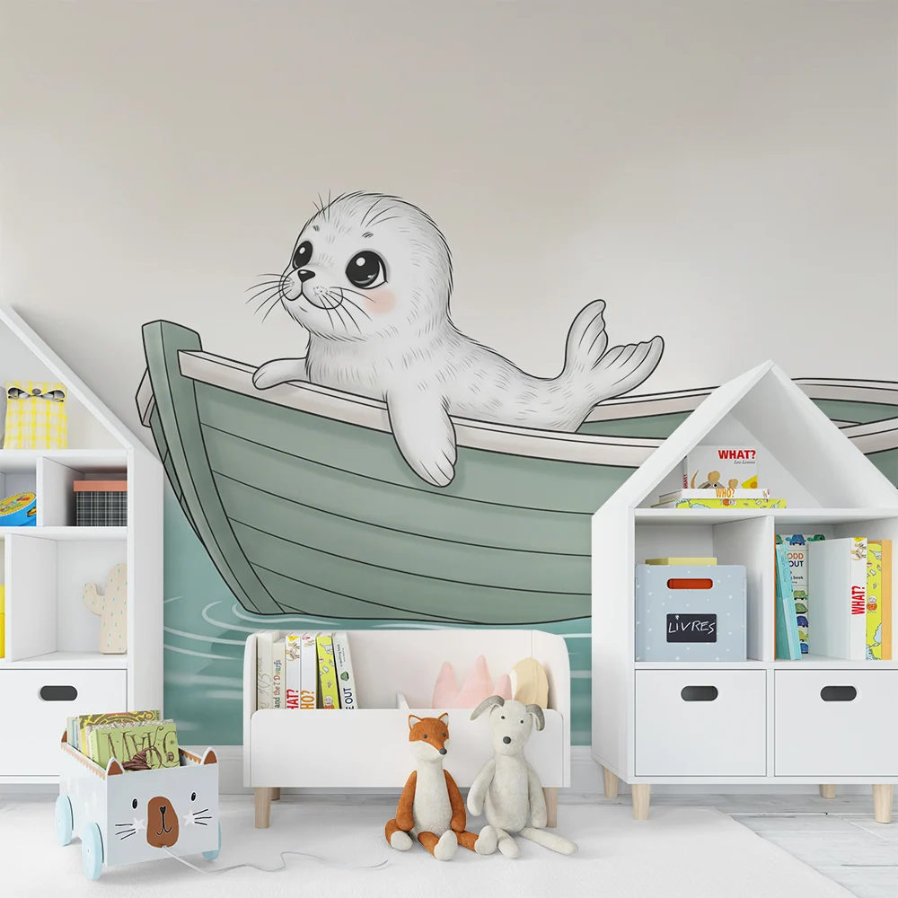 Papier peint chambre bébé | Phoque mignon dans un bateau