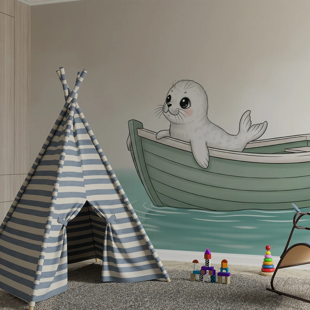 Papier peint chambre bébé | Phoque mignon dans un bateau