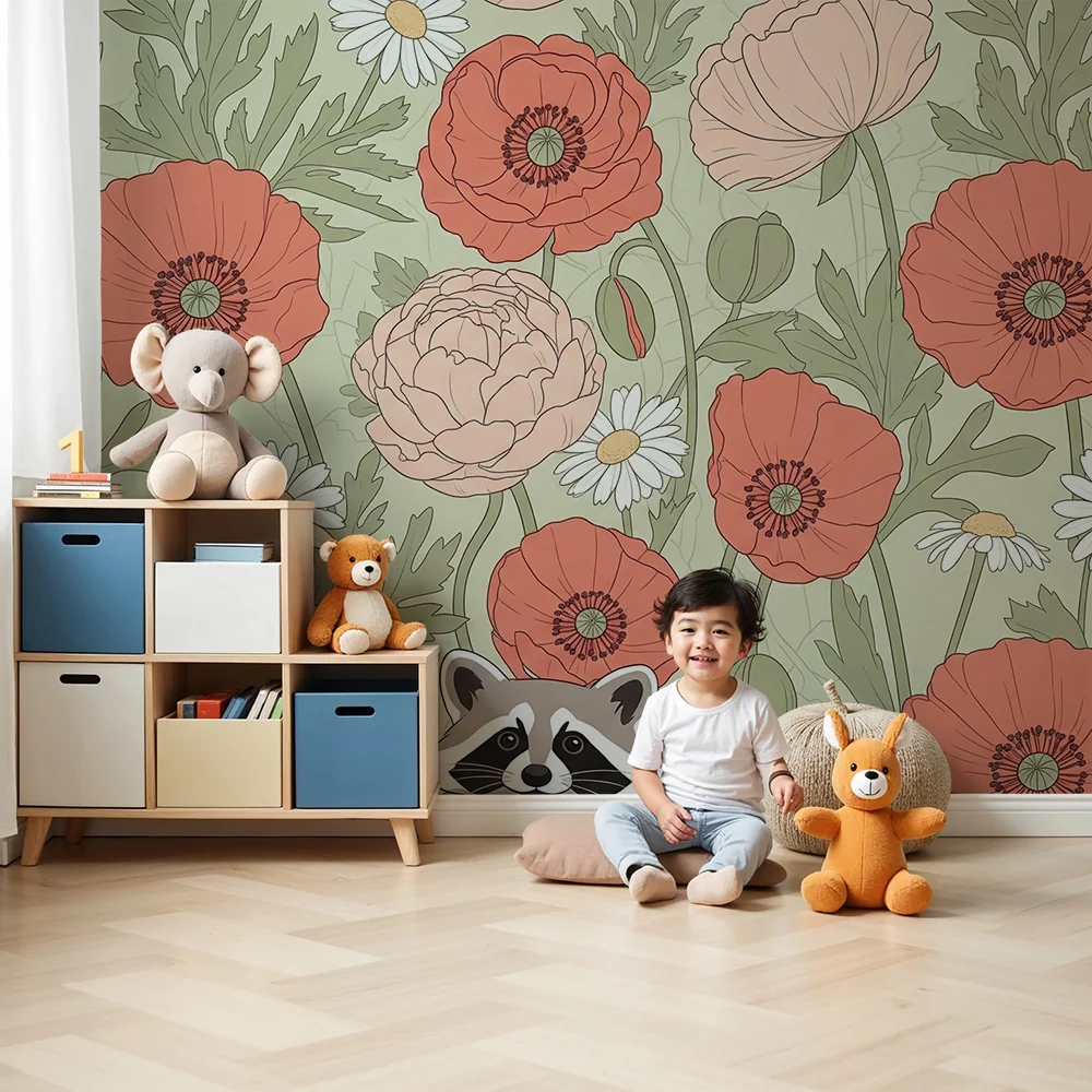 Papier peint chambre bébé | Raccoon parmi des fleurs colorées