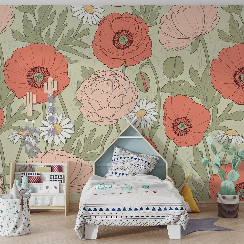 Papier peint chambre bébé | Raccoon parmi des fleurs colorées