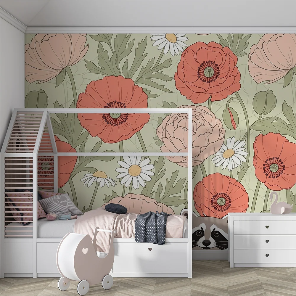 Papier peint chambre bébé | Raccoon parmi des fleurs colorées