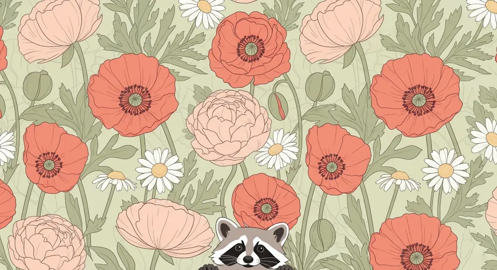Papier peint chambre bébé | Raccoon parmi des fleurs colorées