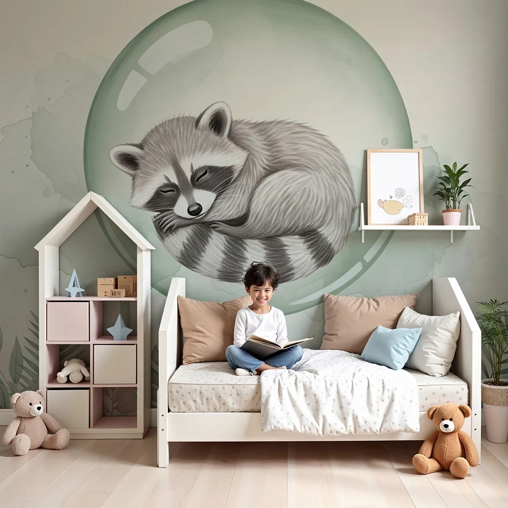 Papier peint chambre bébé | Raton laveur endormi dans une bulle