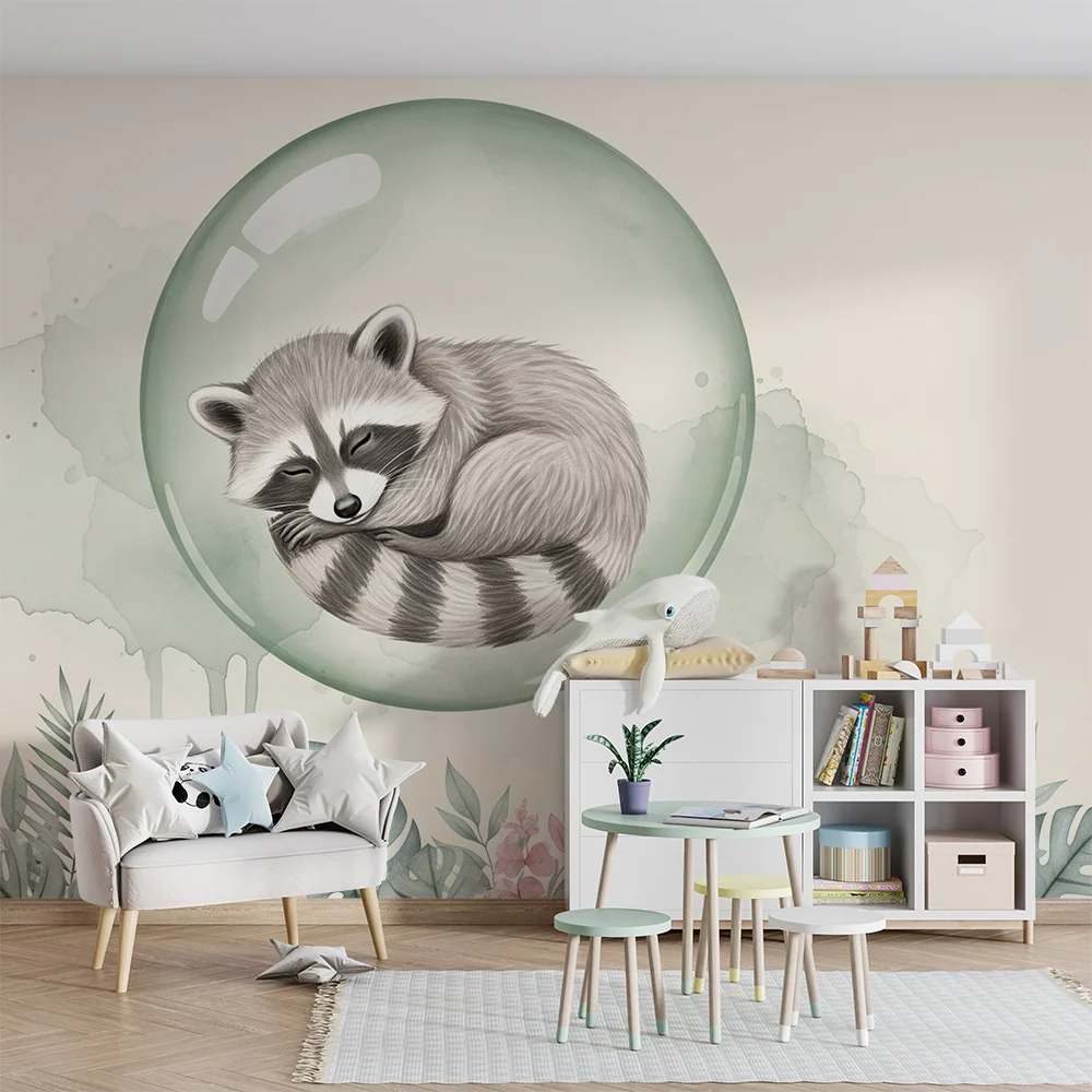 Papier peint chambre bébé | Raton laveur endormi dans une bulle
