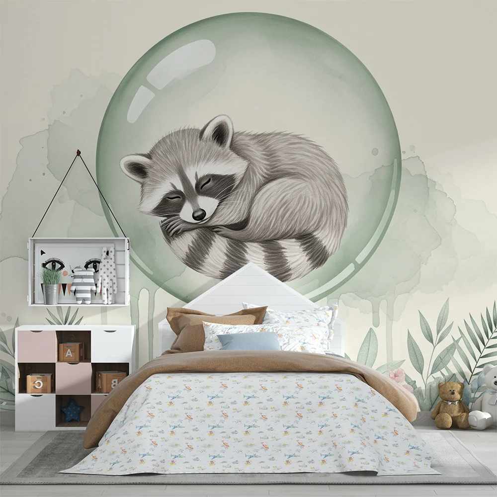 Papier peint chambre bébé | Raton laveur endormi dans une bulle