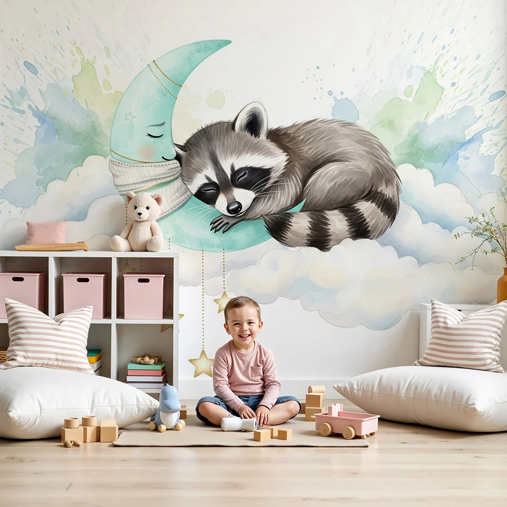 Papier peint chambre bébé | Raton laveur endormi sur une lune douce