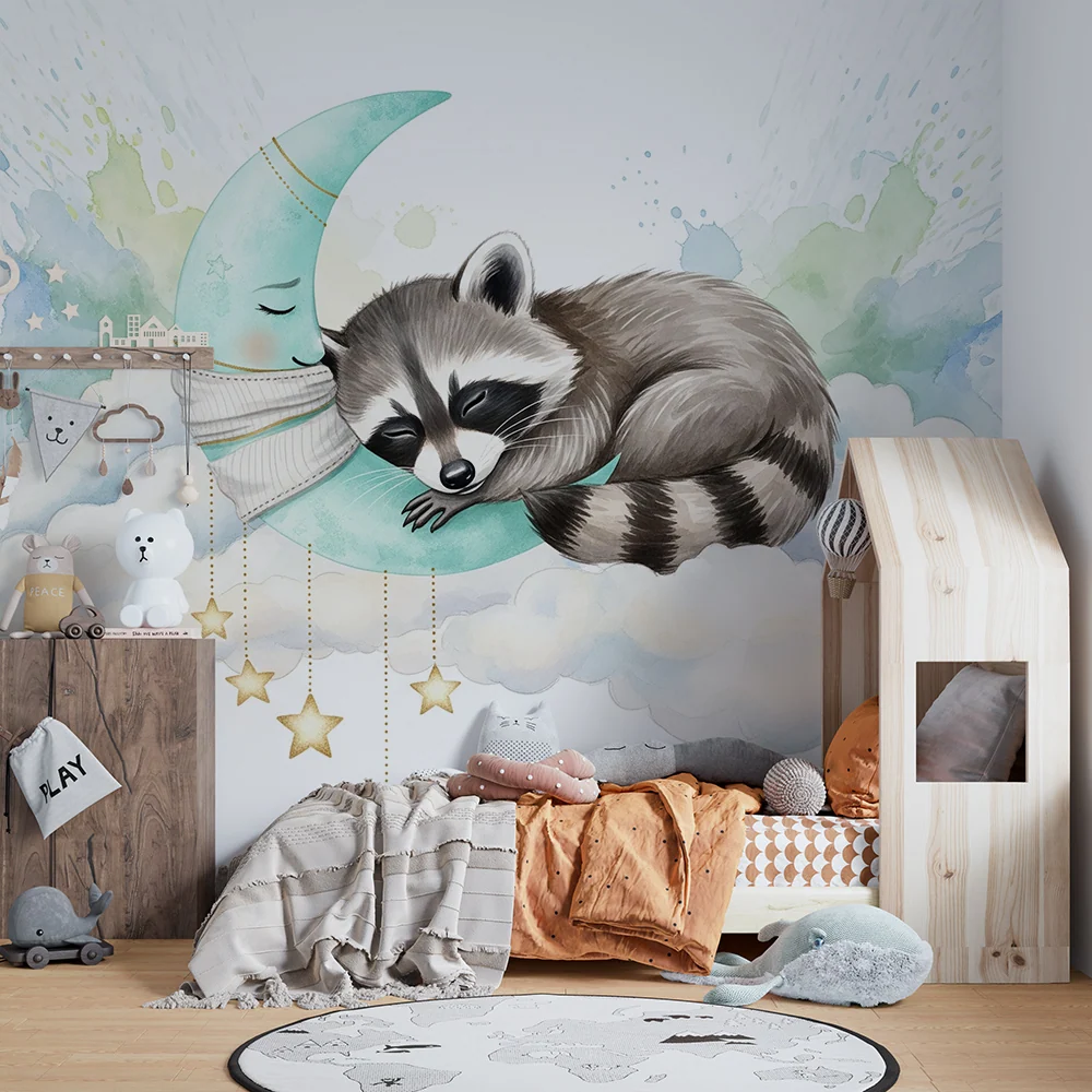 Papier peint chambre bébé | Raton laveur endormi sur une lune douce