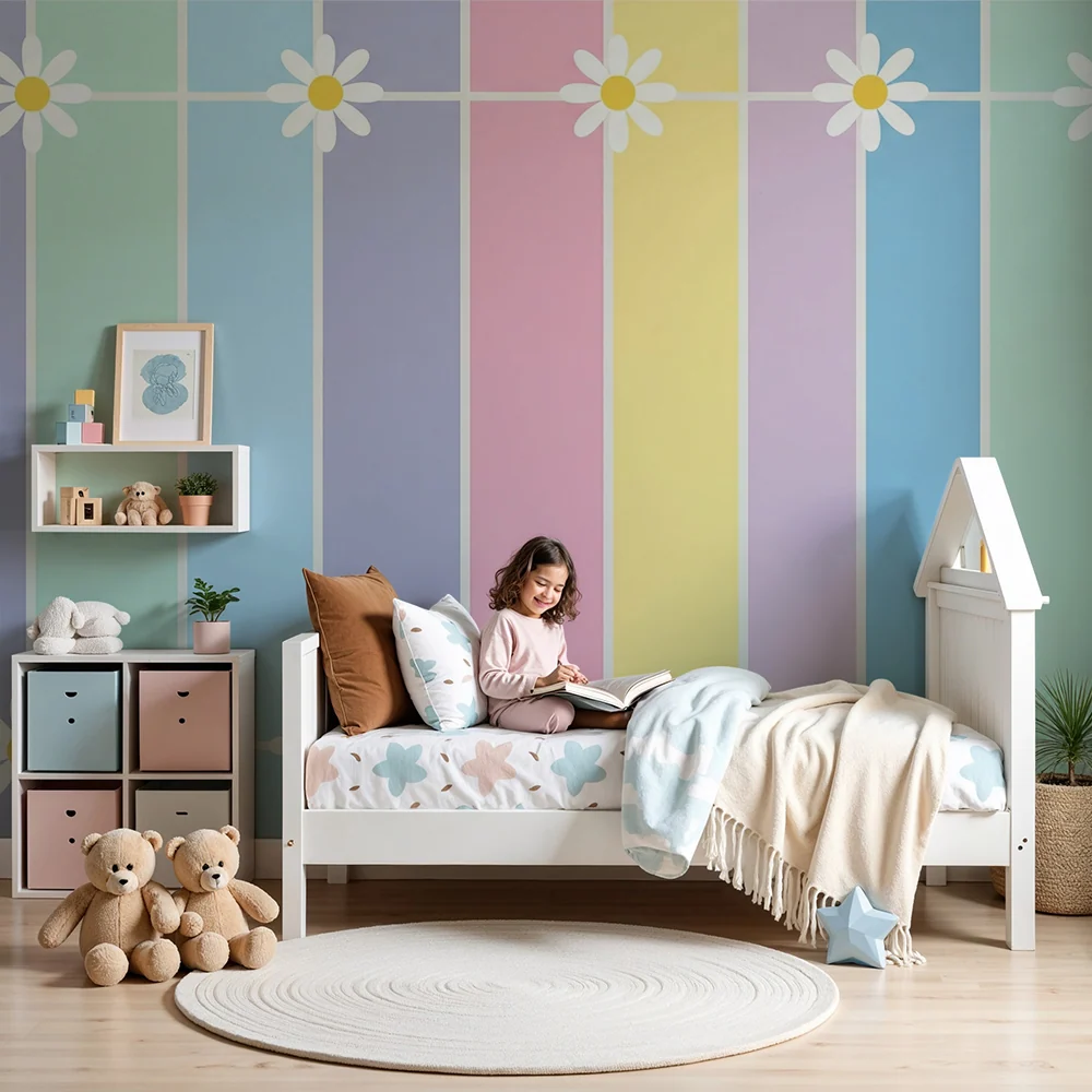 Papier peint chambre bébé | Rayures pastel avec marguerites