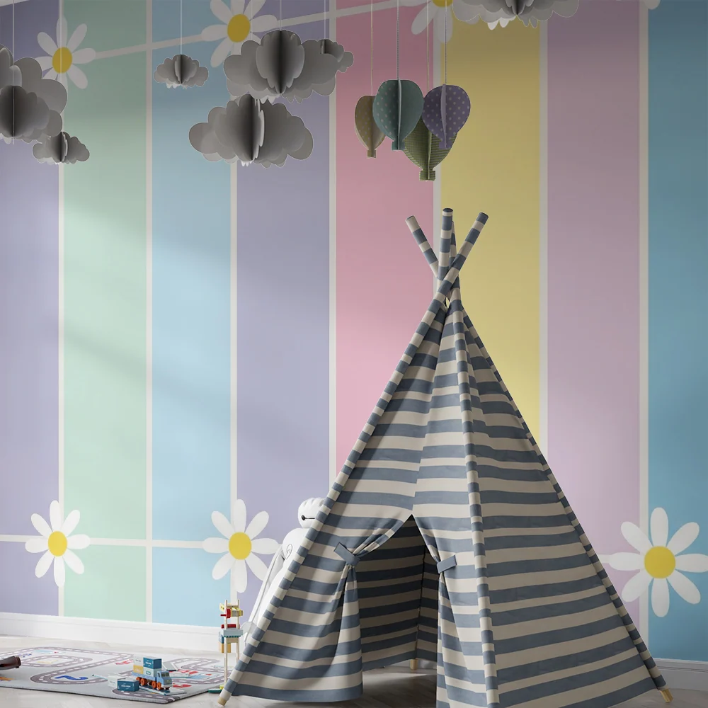 Papier peint chambre bébé | Rayures pastel avec marguerites