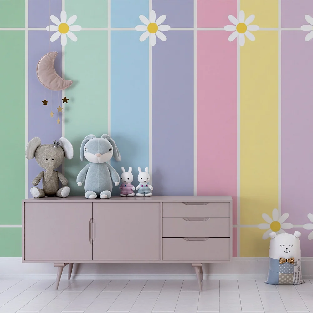 Papier peint chambre bébé | Rayures pastel avec marguerites