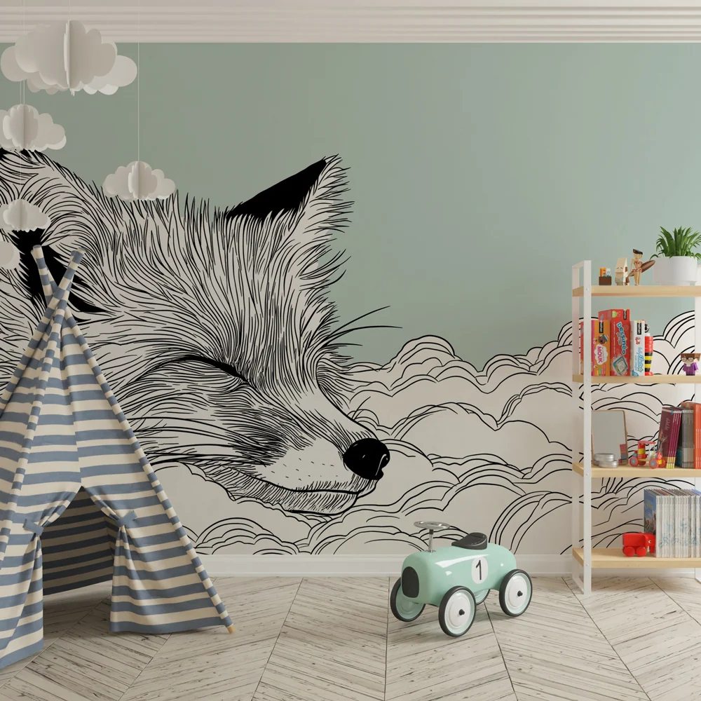 Papier peint chambre bébé | Renard endormi parmi les nuages fond vert doux