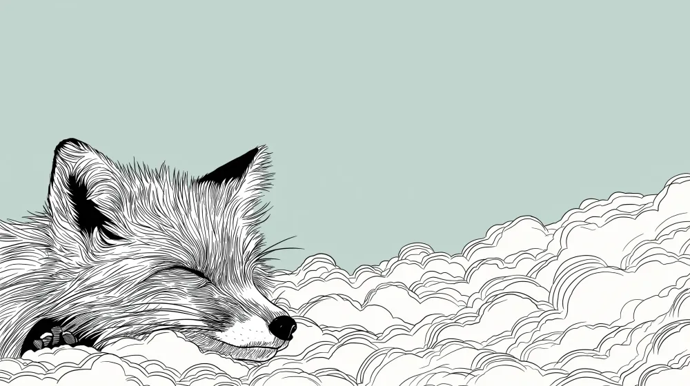Papier peint chambre bébé | Renard endormi parmi les nuages fond vert doux