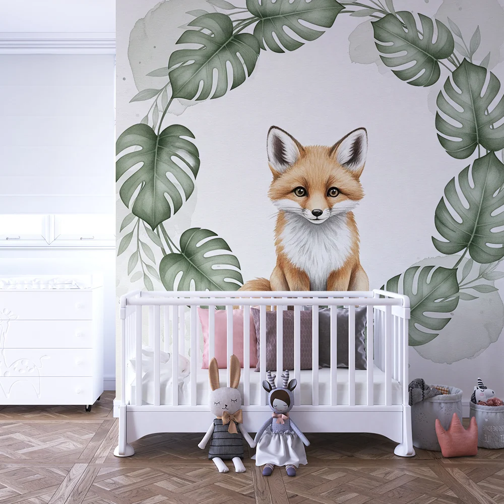 Papier peint chambre bébé | Renard mignon entouré de feuillage tropical