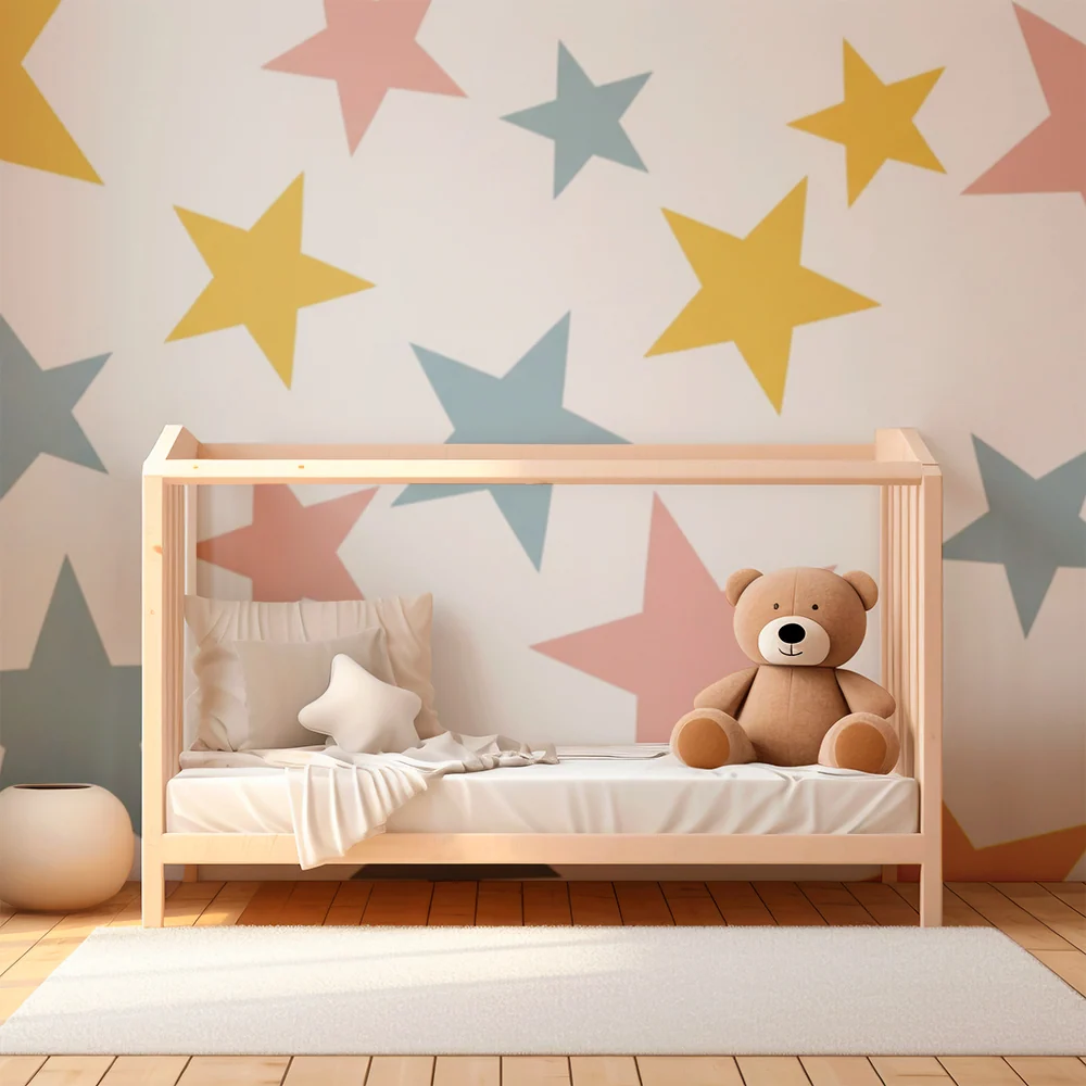 Papier peint chambre bébé | Étoiles colorées sur fond blanc