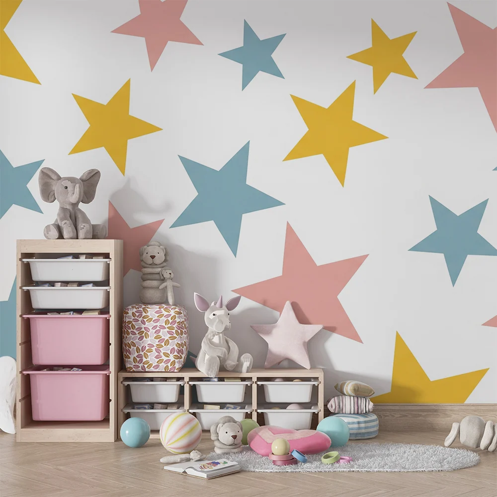 Papier peint chambre bébé | Étoiles colorées sur fond blanc
