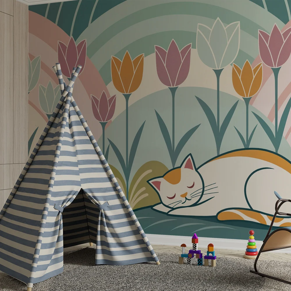 Papier peint chat et tulipes | Scène paisible et colorée
