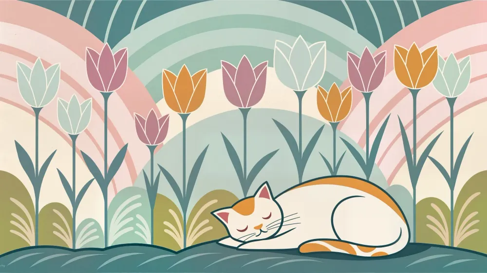 Papier peint chat et tulipes | Scène paisible et colorée