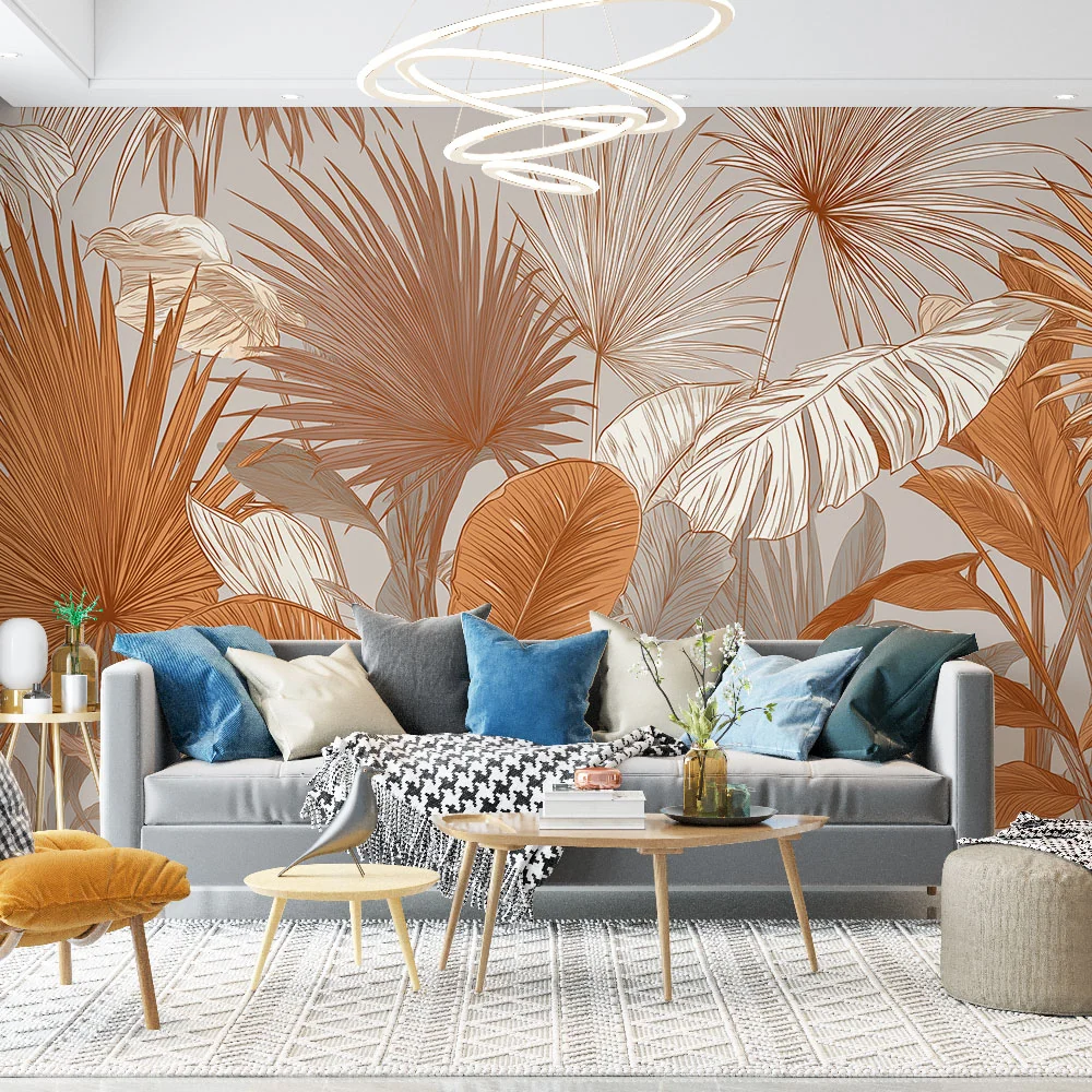 Papier peint feuillage tropical | Motifs de feuilles d'orange et de beige