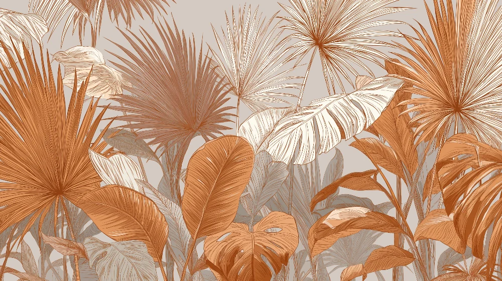 Papier peint feuillage tropical | Motifs de feuilles d'orange et de beige