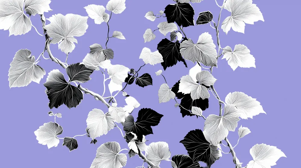 Papier peint feuilles | Élégance monochrome sur fond violet