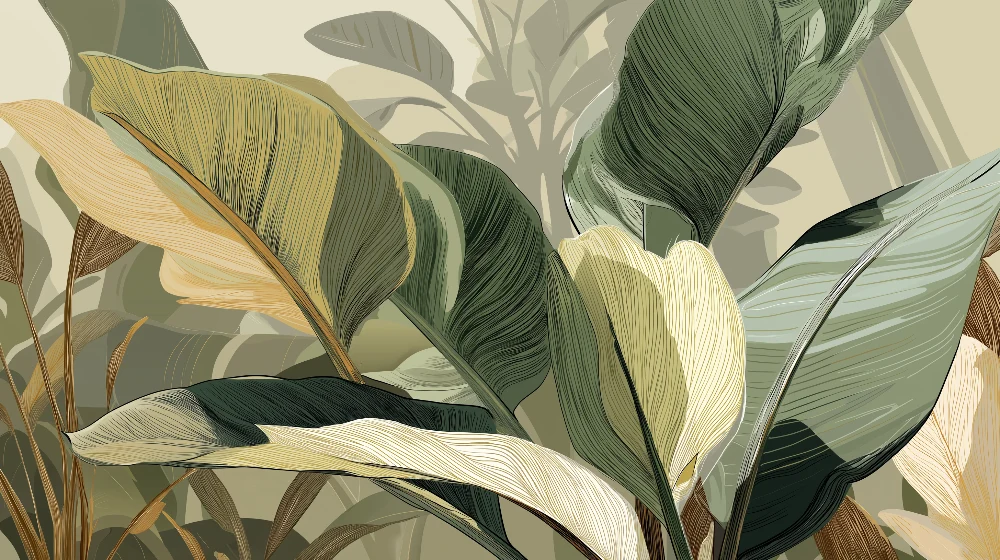 Papier peint feuilles tropicales | Design sophistiqué de feuillage délicat avec des nuances douces