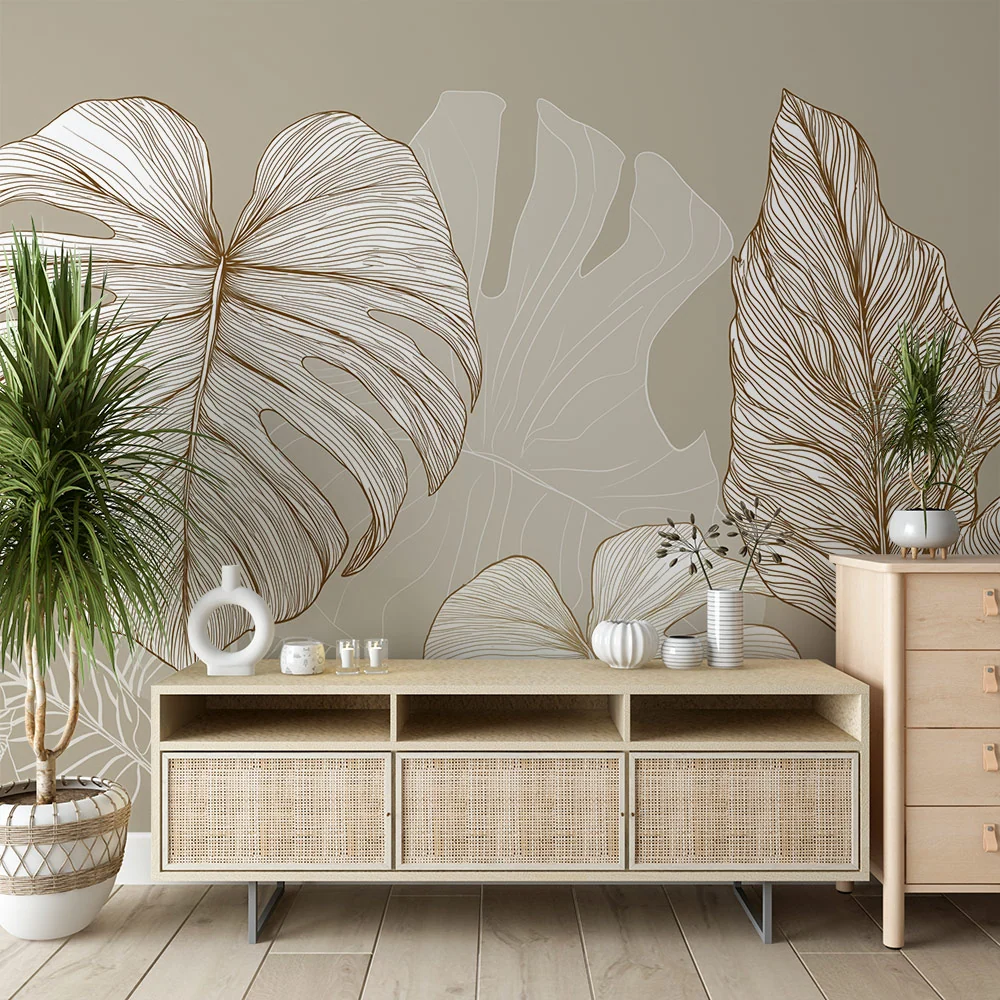 Papier peint feuilles tropicales | Motifs linéaires élégants de grandes feuilles sur fond beige
