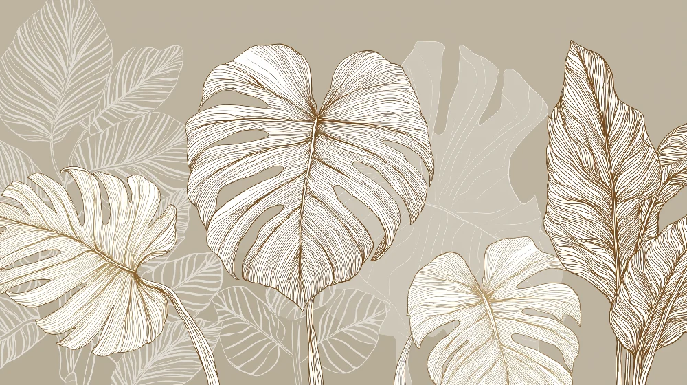 Papier peint feuilles tropicales | Motifs linéaires élégants de grandes feuilles sur fond beige