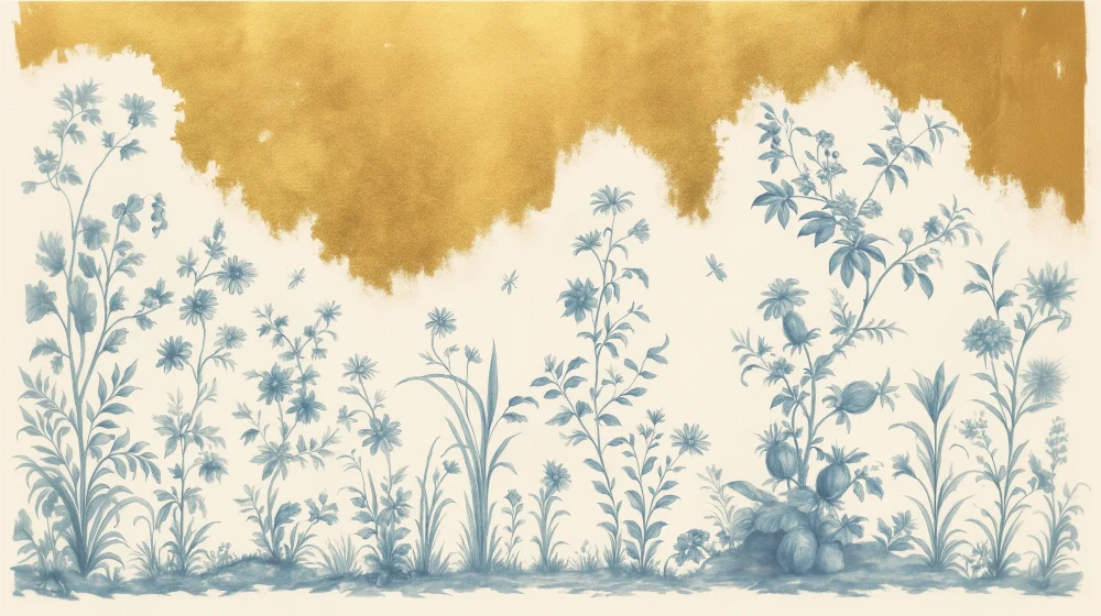 Papier peint floral | Arrière-plan doré et fleurs bleues
