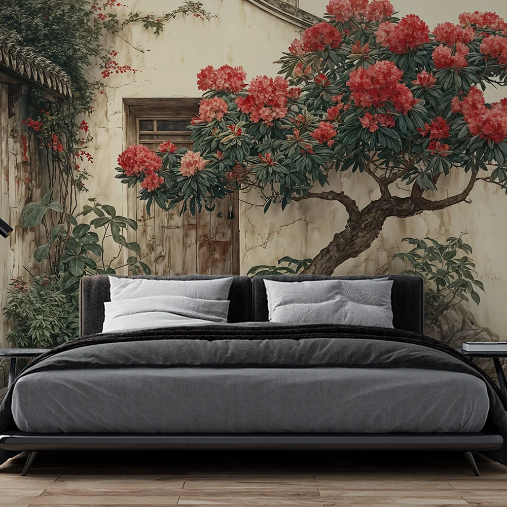 Papier peint floral | Ravissant arbuste fleuri sur mur rustique