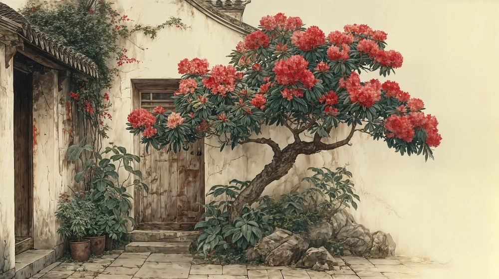 Papier peint floral | Ravissant arbuste fleuri sur mur rustique