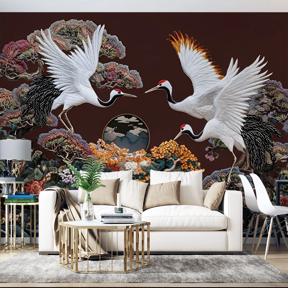 Papier peint Grues et Cerfs | Art Oriental Écologique
