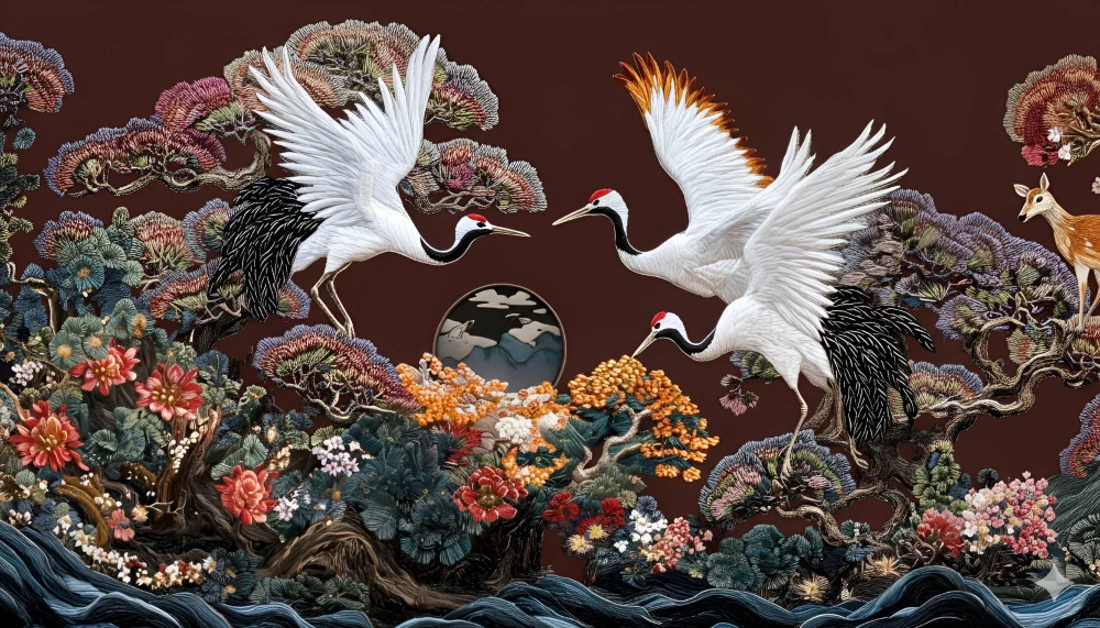 Papier peint Grues et Cerfs | Art Oriental Écologique