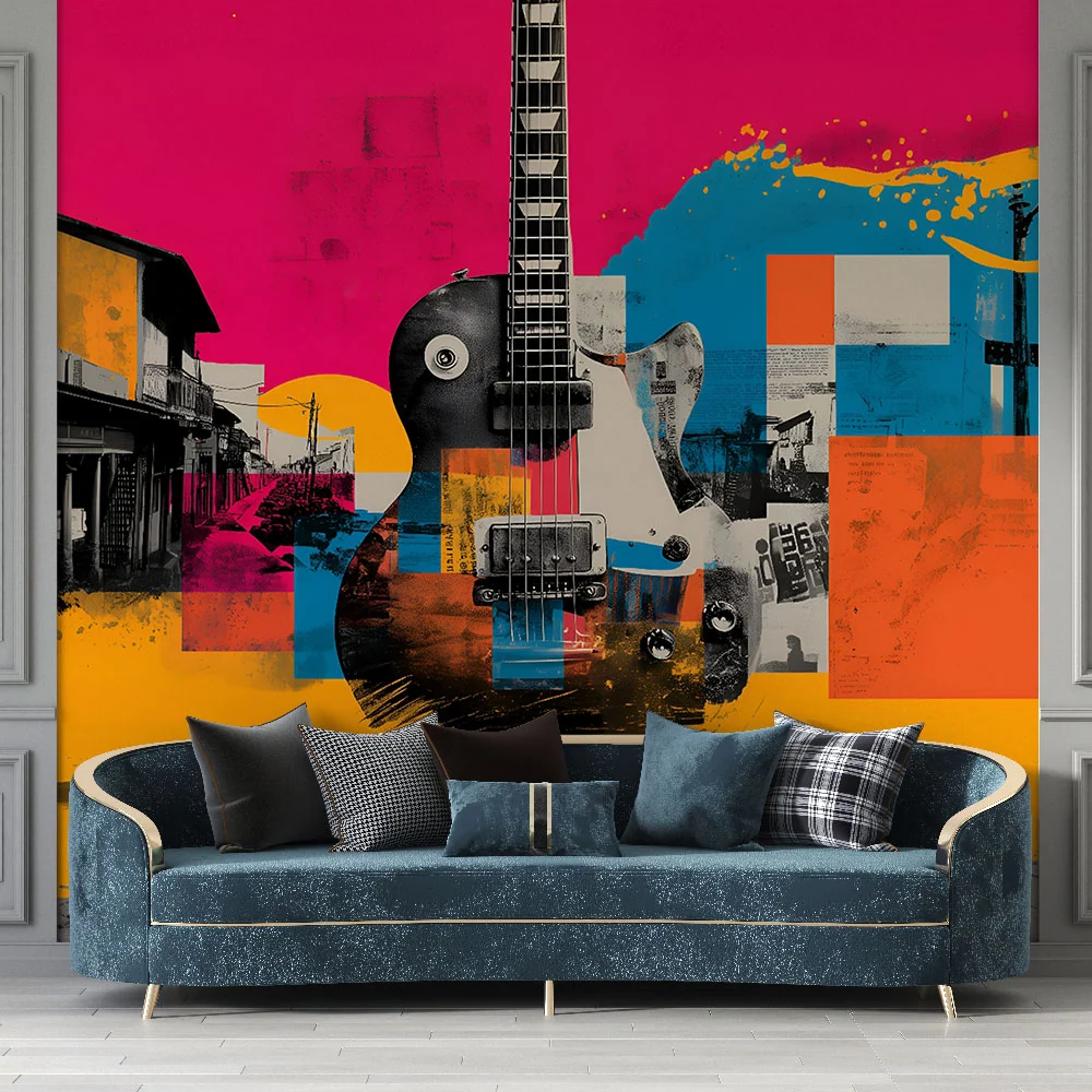 Papier peint guitare rétro | Explosion de couleurs vibrantes