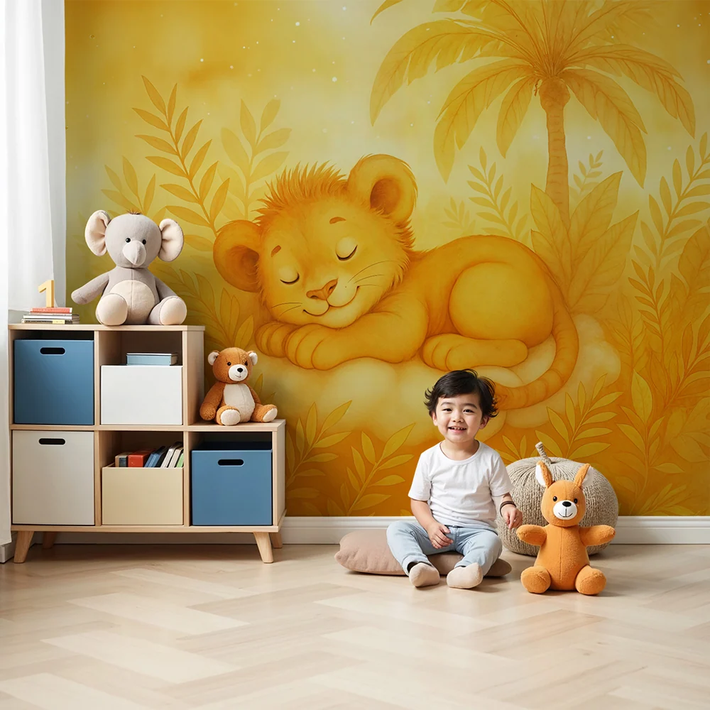 Papier peint lionceau | Décor de chambre enfant en jaune
