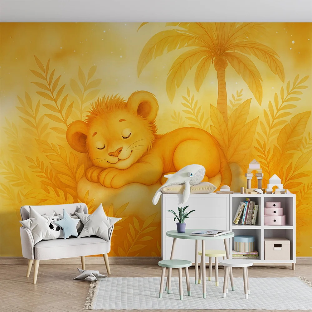 Papier peint lionceau | Décor de chambre enfant en jaune