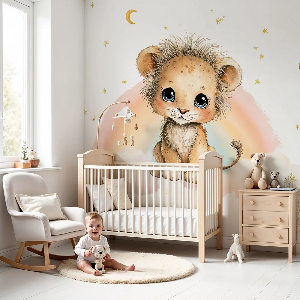 Papier peint lionceau | Illustration enfantine rêveuse