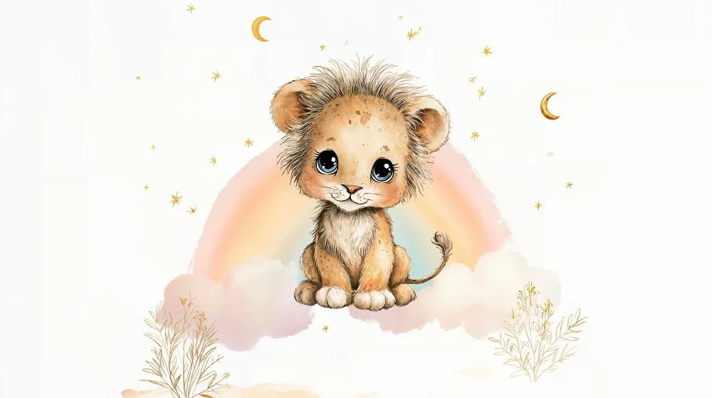 Papier peint lionceau | Illustration enfantine rêveuse